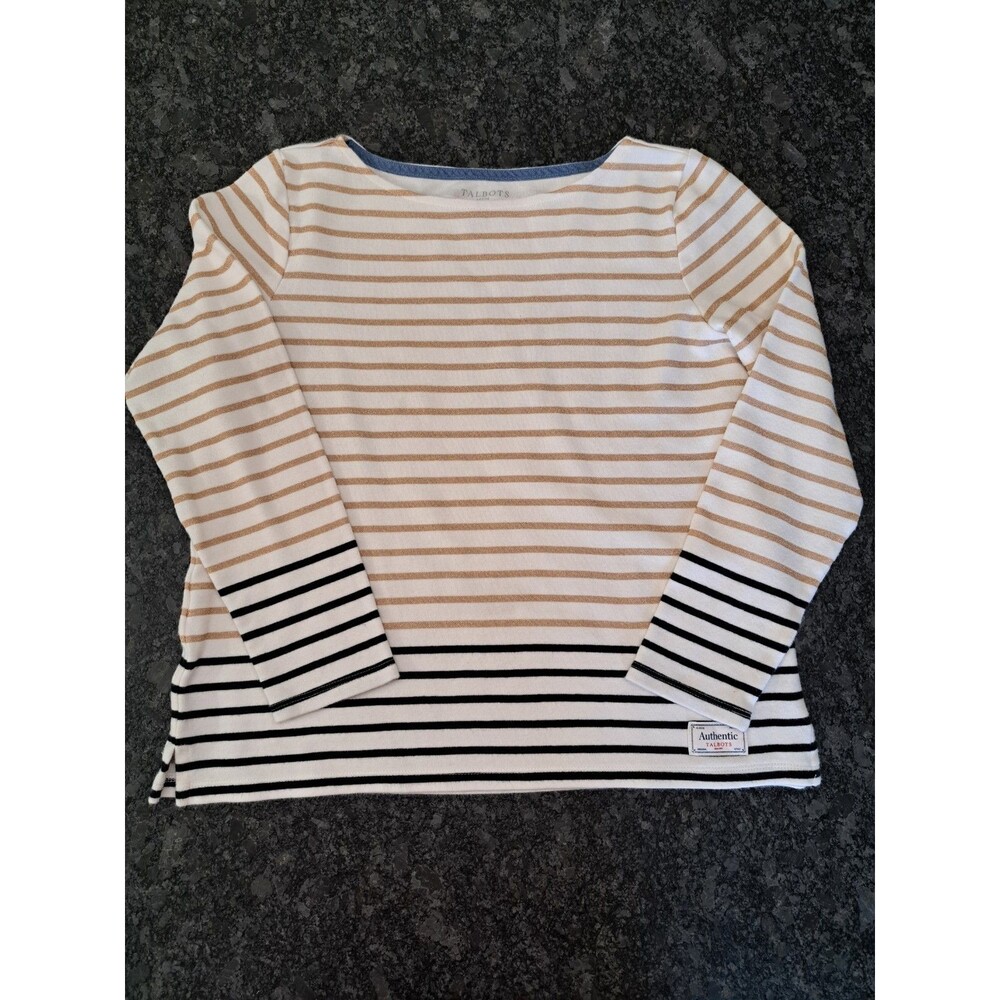 Talbots Stripe Top Metallic White Gold Navy Split Hem Size SP Small Petite